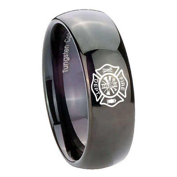 10mm Fire Department Dome Black Tungsten Carbide Wedding Engagement Ring