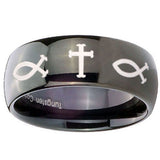 10mm Fish & Cross Dome Black Tungsten Carbide Mens Wedding Band