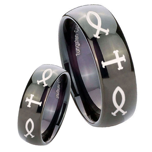 Bride and Groom Fish & Cross Dome Black Tungsten Carbide Custom Ring for Men Set