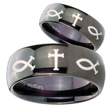Bride and Groom Fish & Cross Dome Black Tungsten Carbide Custom Ring for Men Set