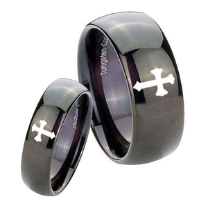 His Hers Flat Christian Cross Dome Black Tungsten Men's Promise Rings Set