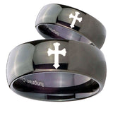 His Hers Flat Christian Cross Dome Black Tungsten Men's Promise Rings Set