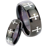 His Hers Multiple Christian Cross Dome Black Tungsten Wedding Band Mens Set