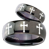 His Hers Multiple Christian Cross Dome Black Tungsten Wedding Band Mens Set