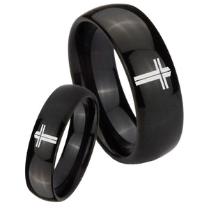 His Hers Flat Christian Cross Dome Black Tungsten Mens Anniversary Ring Set