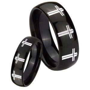 Bride and Groom Multiple Christian Cross Dome Black Tungsten Mens Ring Set