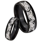 His Hers Etched Tribal Pattern Dome Black Tungsten Wedding Bands Ring Set