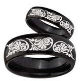 His Hers Etched Tribal Pattern Dome Black Tungsten Wedding Bands Ring Set