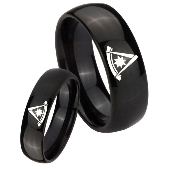 His Hers Pester Master Masonic Dome Black Tungsten Wedding Engagement Ring Set