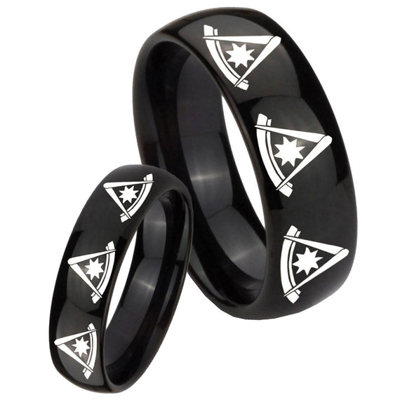 His Hers Multiple Pester Master Masonic Dome Black Tungsten Mens Ring Set