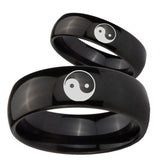 Bride and Groom Yin Yang Dome Black Tungsten Carbide Engraved Ring Set