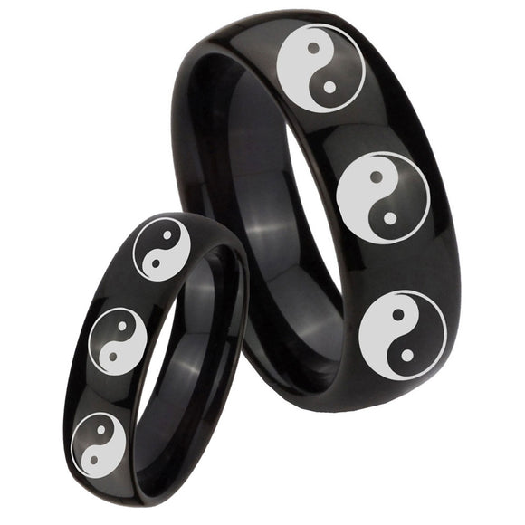 His Hers Multiple Yin Yang Dome Black Tungsten Wedding Engagement Ring Set