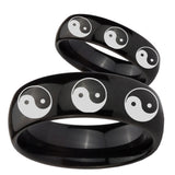 His Hers Multiple Yin Yang Dome Black Tungsten Wedding Engagement Ring Set