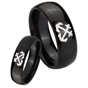 Bride and Groom Anchor Dome Black Tungsten Carbide Mens Wedding Ring Set