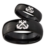 Bride and Groom Anchor Dome Black Tungsten Carbide Mens Wedding Ring Set