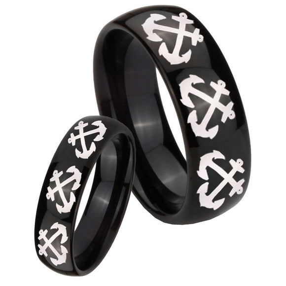 Bride and Groom Multiple Anchor Dome Black Tungsten Mens Ring Engraved Set