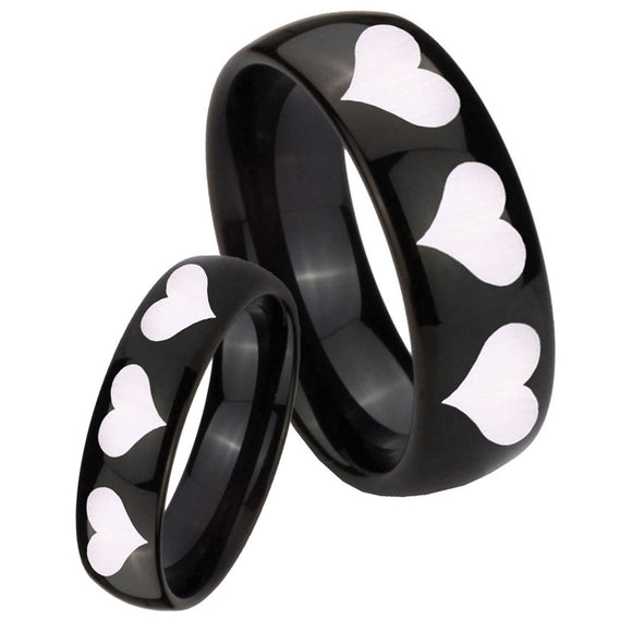 Bride and Groom Multiple Heart Dome Black Tungsten Wedding Engraving Ring Set