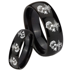 Bride and Groom Multiple Marine Dome Black Tungsten Mens Promise Ring Set