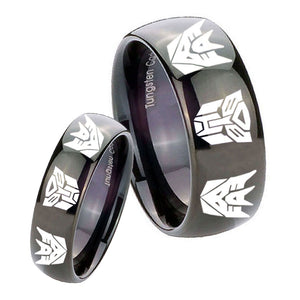 His Hers Transformers Autobot Decepticon Dome Black Tungsten Mens Wedding Ring Set