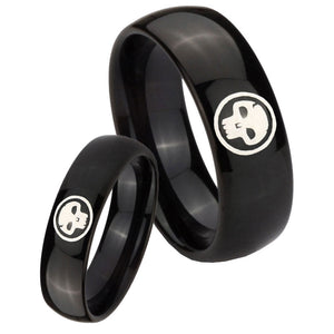 Bride and Groom Skull Dome Black Tungsten Carbide Mens Ring Engraved Set