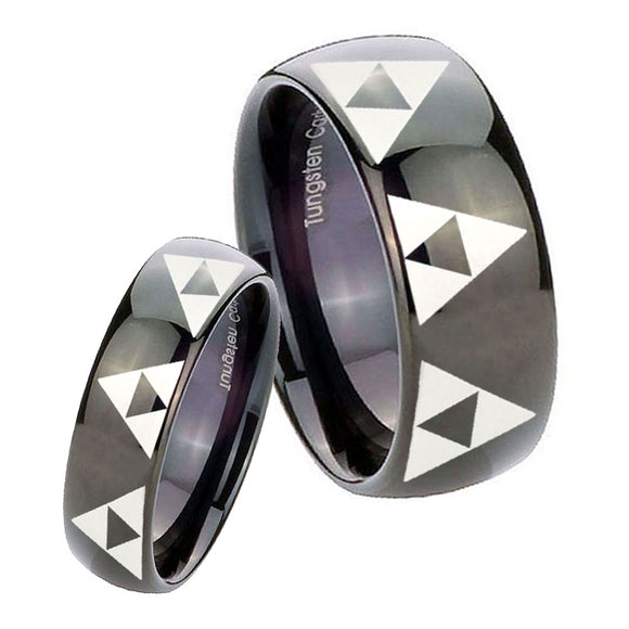 His Hers Multiple Zelda Triforce Dome Black Tungsten Men's Engagement Band Set