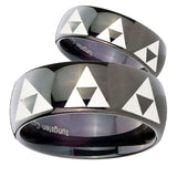 His Hers Multiple Zelda Triforce Dome Black Tungsten Men's Engagement Band Set