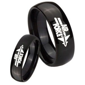 His Her Classic Dome Air Force Shiny Black Tungsten Wedding Rings Set