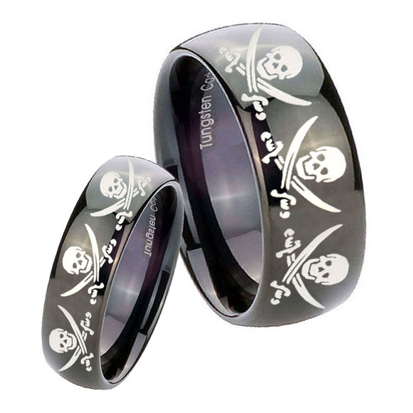 His and Hers Multiple Skull Pirate Dome Black Tungsten Wedding Band Ring Set
