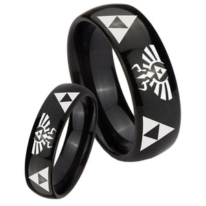 Bride and Groom Legend of Zelda Dome Black Tungsten Mens Engagement Ring Set