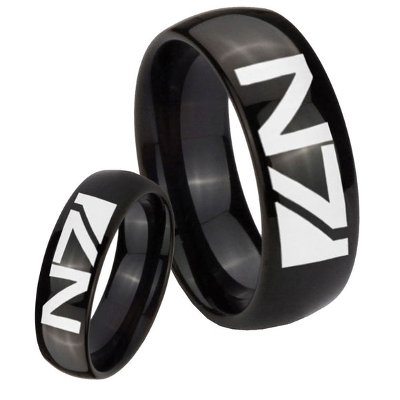 Bride and Groom N7 Design Dome Black Tungsten Men's Wedding Band Set