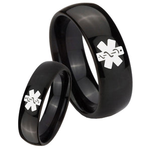 Bride and Groom Medical Alert Dome Black Tungsten Carbide Men's Wedding Band Set