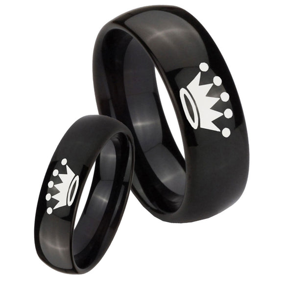 Bride and Groom Crown Dome Black Tungsten Carbide Personalized Ring Set
