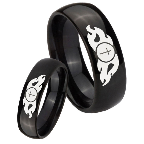 Bride and Groom Flamed Cross Dome Black Tungsten Men's Engagement Band Set