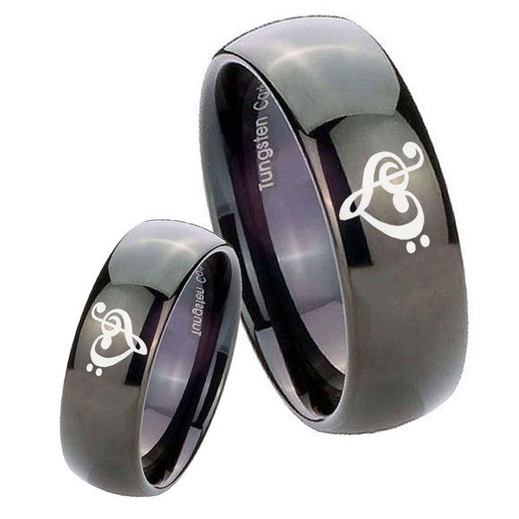 Bride and Groom Music & Heart Dome Black Tungsten Mens Ring Personalized Set