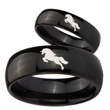 Bride and Groom Horse Dome Black Tungsten Carbide Promise Ring Set