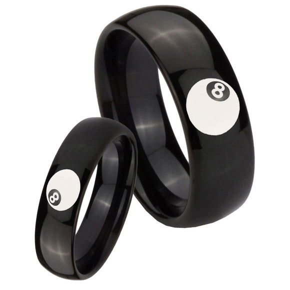 Bride and Groom 8 Ball Dome Black Tungsten Carbide Mens Wedding Ring Set