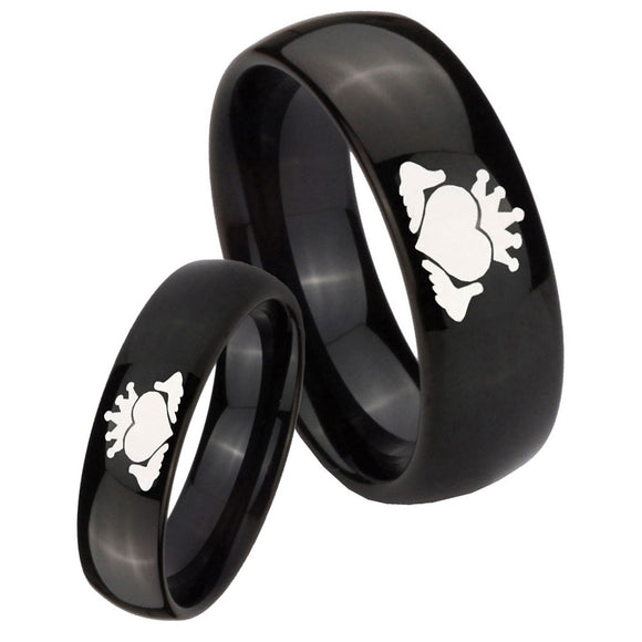 Bride and Groom Claddagh Design Dome Black Tungsten Men's Wedding Ring Set