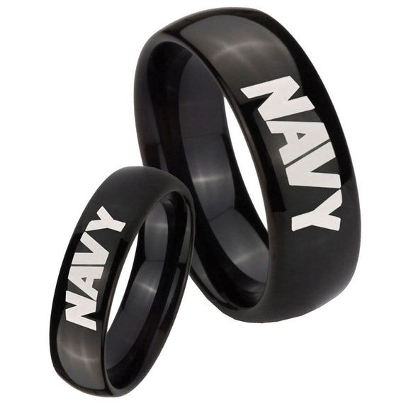 Bride and Groom Navy Dome Black Tungsten Carbide Men's Wedding Band Set