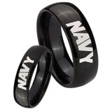 Bride and Groom Navy Dome Black Tungsten Carbide Men's Wedding Band Set