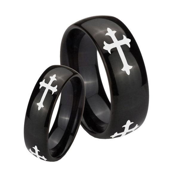 Bride and Groom Christian Cross Religious Dome Black Tungsten Men's Wedding Band Set