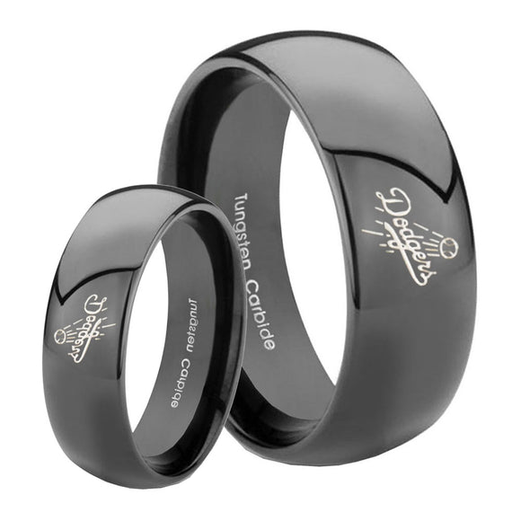 Bride and Groom LA Dogers MLB Baseball Dome Black Tungsten Bands Ring Set