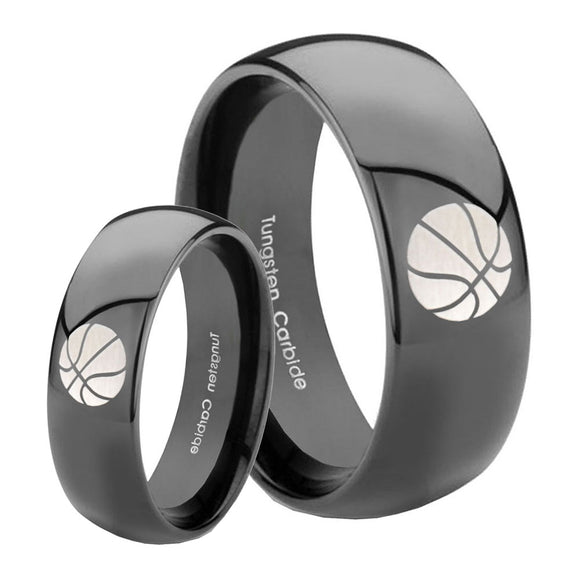 Bride and Groom Basketball Dome Black Tungsten Carbide Mens Ring Personalized Set