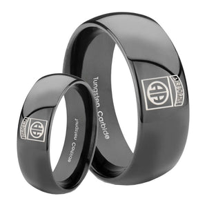 Bride and Groom Army Airborn Dome Black Tungsten Carbide Engraved Ring Set