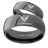 His Her Classic Dome US Air Force Shiny Black Tungsten Wedding Rings Set