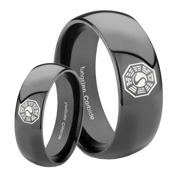 Bride and Groom Lost Dharma Dome Black Tungsten Carbide Men's Wedding Ring Set