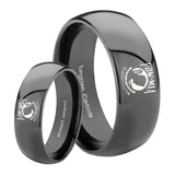 Bride and Groom Military Pow Dome Black Tungsten Carbide Mens Bands Ring Set