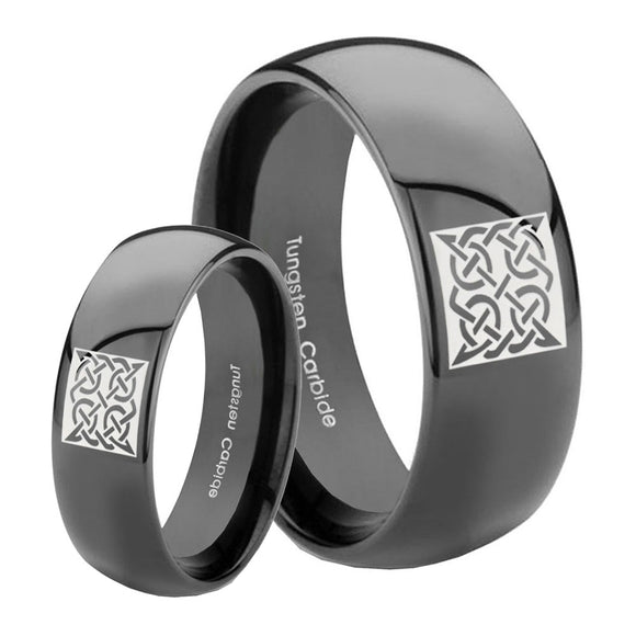 Bride and Groom Celtic Design Dome Black Tungsten Carbide Personalized Ring Set