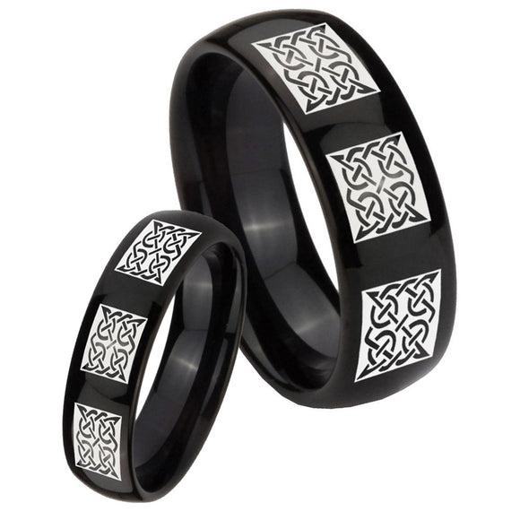 Bride and Groom Multiple Celtic Dome Black Tungsten Mens Wedding Band Set