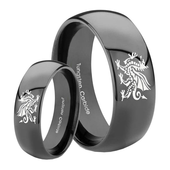 Bride and Groom Dragon Dome Black Tungsten Carbide Wedding Band Ring Set