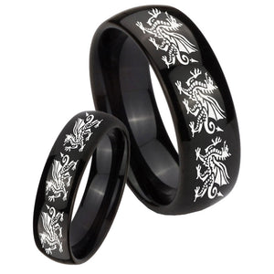 Bride and Groom Multiple Dragon Dome Black Tungsten Men's Wedding Band Set